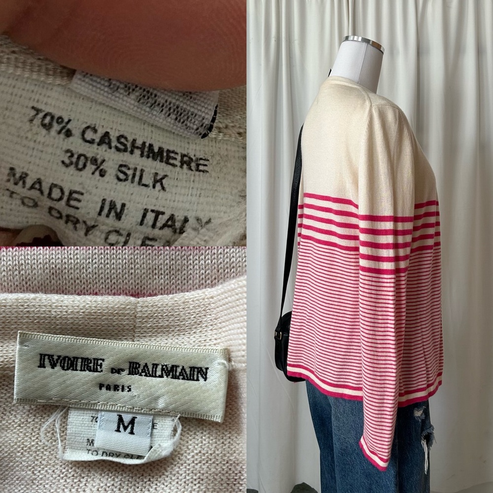 VTG 80s Ivoire de Balmain Paris Striped Cardigan & Cami Set | Silk Cashmere M - Picture 14 of 14